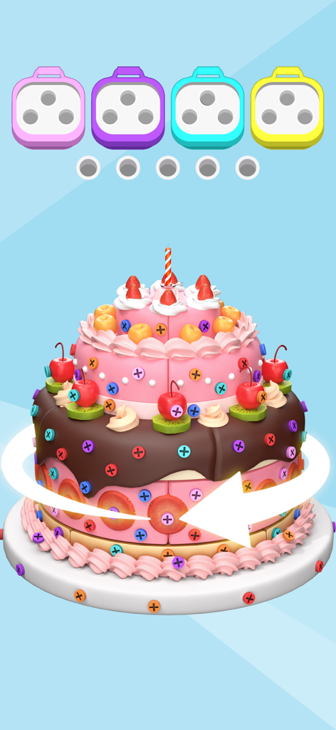 A 3D birthday cake decorated with colorful screws in a sorting puzzle game