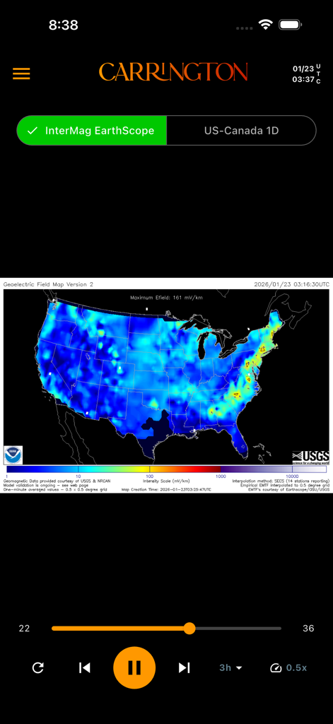 Carrington - Carrington app interface showing a geoelectric field heatmap of the United States with scientific data overlays