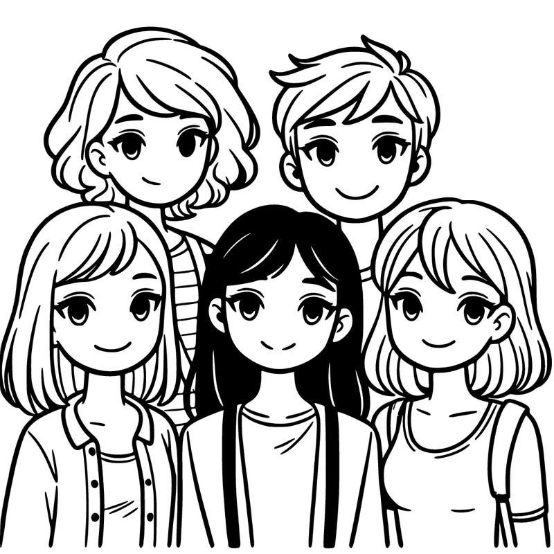 a group of friends, one boy, 2 girls with short hair, and 3 girls with medium length hair