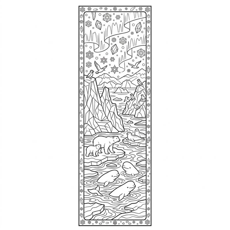 Journey to the frozen North with this enchanting Arctic Islands bookmark coloring page. Featuring majestic polar animals and the stunning Aurora Borealis, it's a perfect blend of nature's beauty and creative expression.