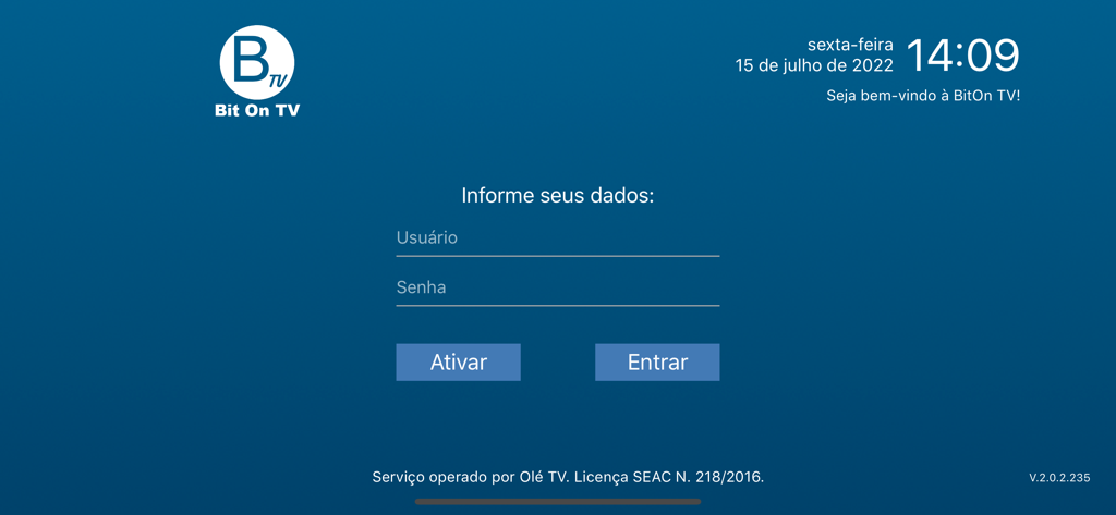BitOn - Pantalla de inicio de sesión de BitOn TV con campos de entrada de nombre de usuario y contraseña sobre un fondo azul