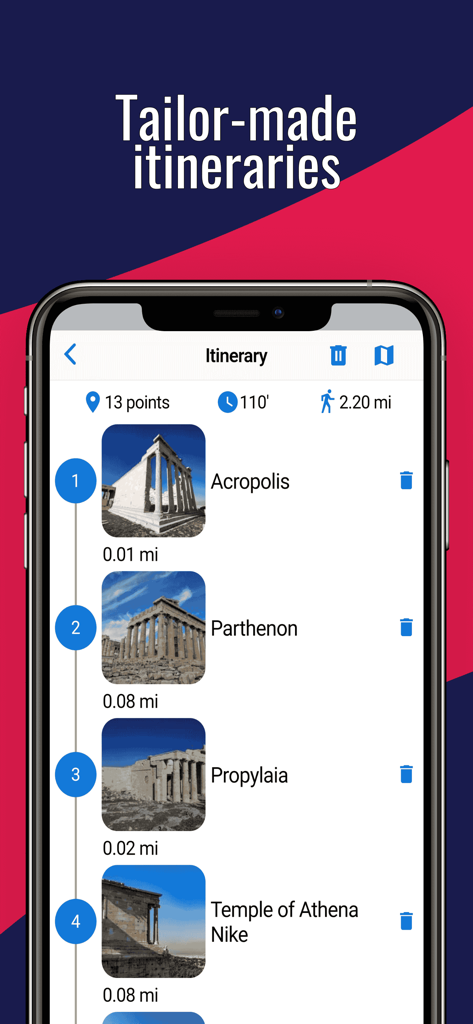 ATHENS Guide Tickets & Hotels - 역사적 랜드마크와 도보 거리를 보여주는 앱의 맞춤형 아테네 여행 일정 기능
