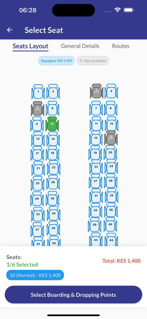 Travler - Travler app seat selection interface showing a bus layout with available and sold seats