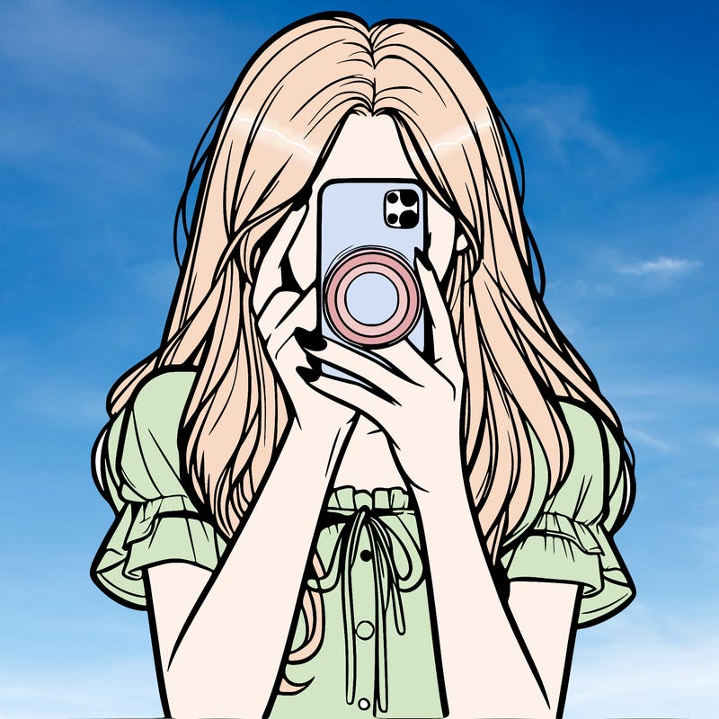 a realistic girl holding her phone taking pictures