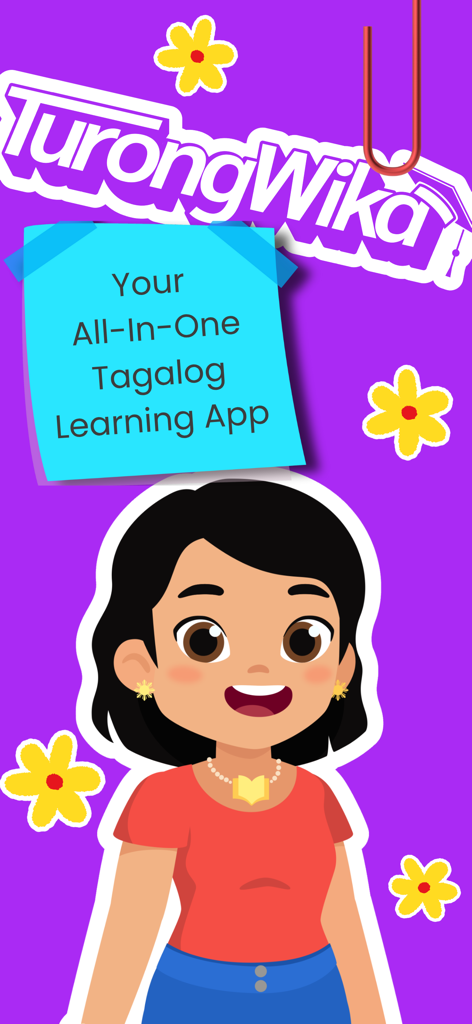 Turong Wika - Learn Tagalog - Turong Wika Tagalog learning app intro screen with a cartoon girl character