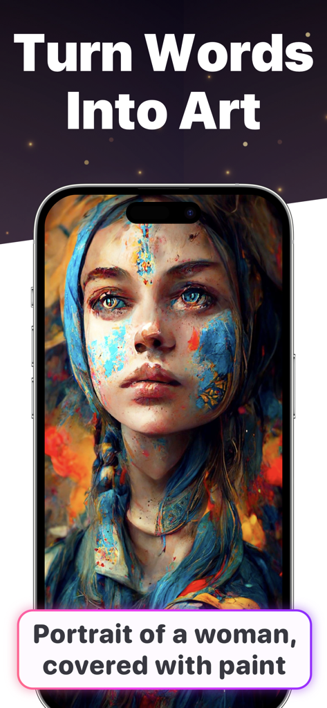 AI Photo Generator & Maker - テキストプロンプトから作成された女性のカラフルな芸術的なポートレートを表示するAI写真ジェネレーターアプリのインターフェース