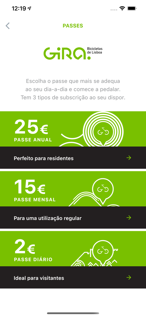 Gira bike sharing app subscription screen with annual monthly and daily pass options