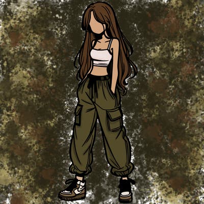 girl in baggy pants crop top and long hair