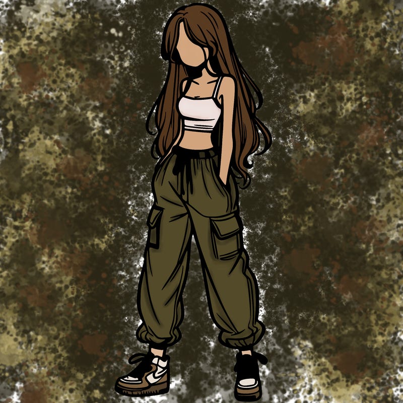 girl in baggy pants crop top and long hair