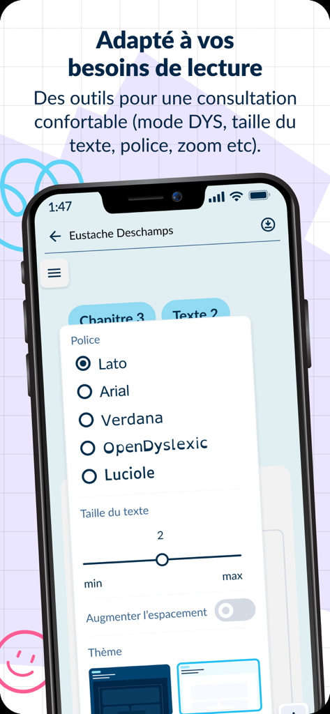 Lelivrescolaire.fr - Interface de l'application Lelivrescolaire pour ajuster le style de police, la taille du texte et les paramètres du mode dyslexie.