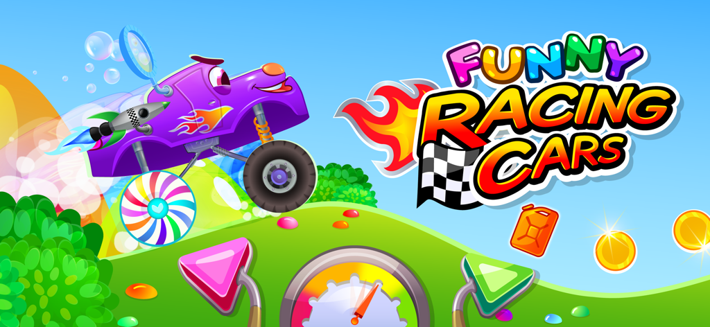 Funny Racing Cars - A cartoon purple monster truck with a candy wheel racing through a colorful candy world landscape