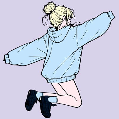 realistic girl jumping with a bun and oversized sweatshirt