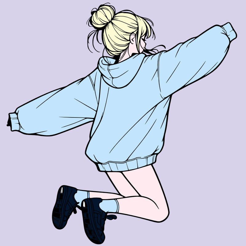 realistic girl jumping with a bun and oversized sweatshirt