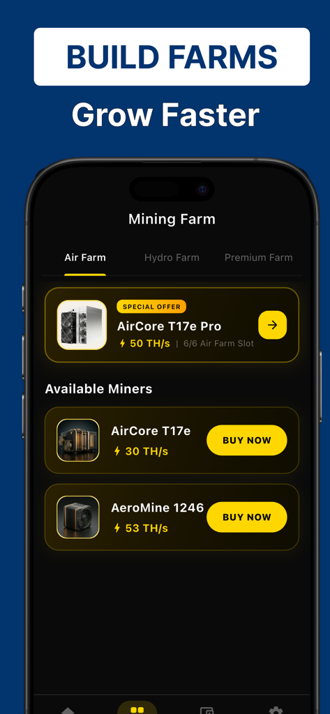 Veltrix: BTC Cloud Miner - Interface do aplicativo Veltrix mostrando a tela da Fazenda de Mineração com diferentes níveis e mineradores de Bitcoin disponíveis para compra.