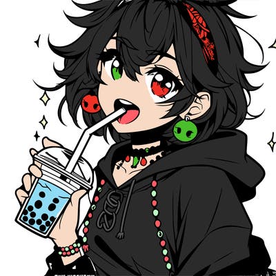 hot baddie anime girl drinking boba and biting the straw