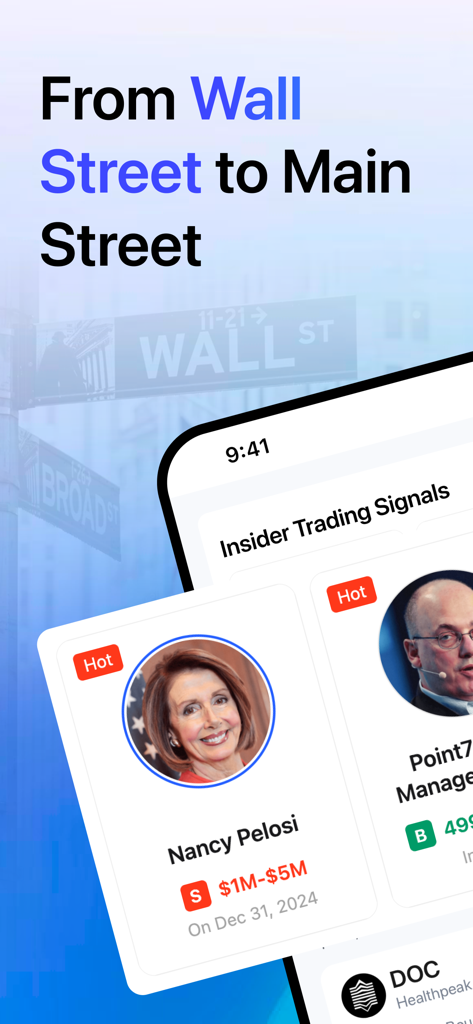 Penny Stocks Screener: Screens - Mobile app screen displaying insider trading signals and politician stock market trades.