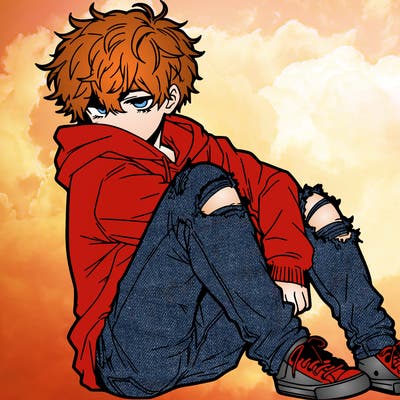 a male hoddie ripped jeans messy hair anime