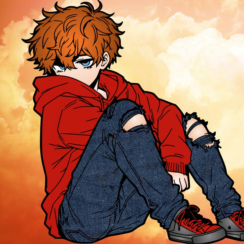 a male hoddie ripped jeans messy hair anime