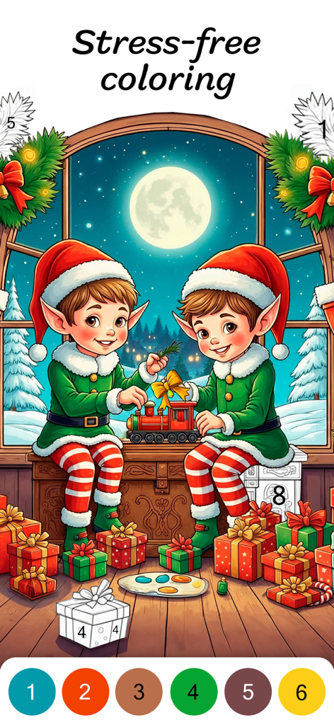 Color by Numbers for Adults - Weihnachtliches Malblatt mit zwei Elfen und Geschenken in einer stressfreien Mal-App
