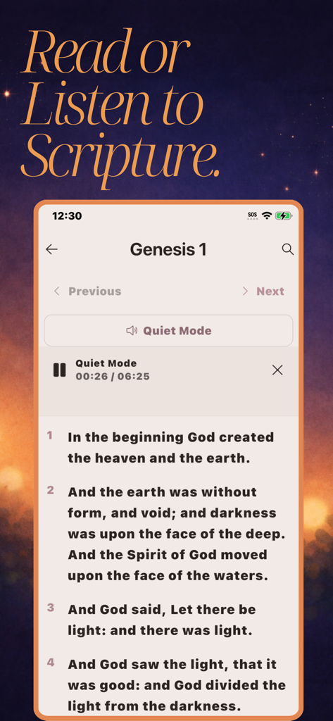 Bible ASMR - Mobile app interface showing Genesis 1 scripture with a quiet mode audio player and a read or listen to scripture headline.