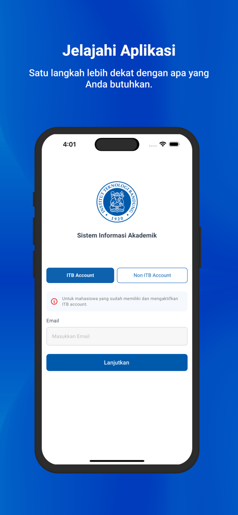 MySIX ITB - Login screen for the MySIX ITB academic information system app showing account options and email input