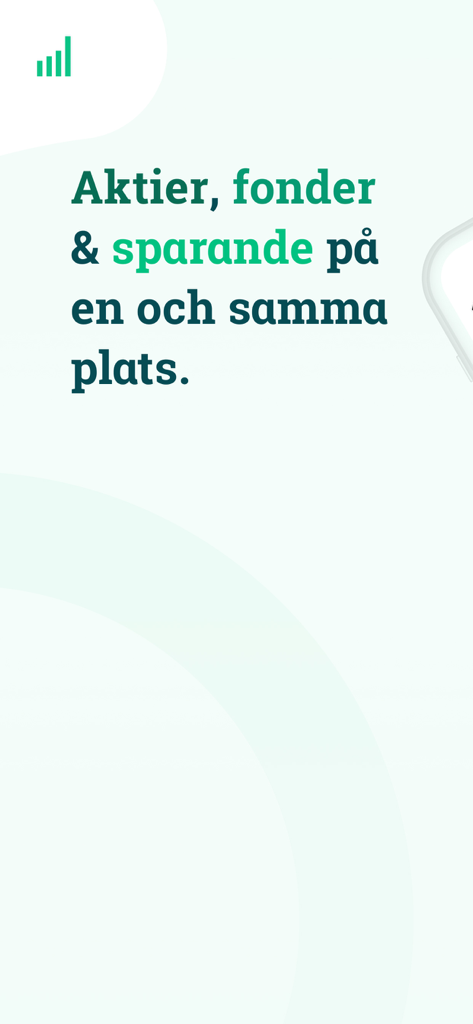 Écran d'accueil de l'application Avanza avec texte en suédois concernant les actions, les fonds et l'épargne