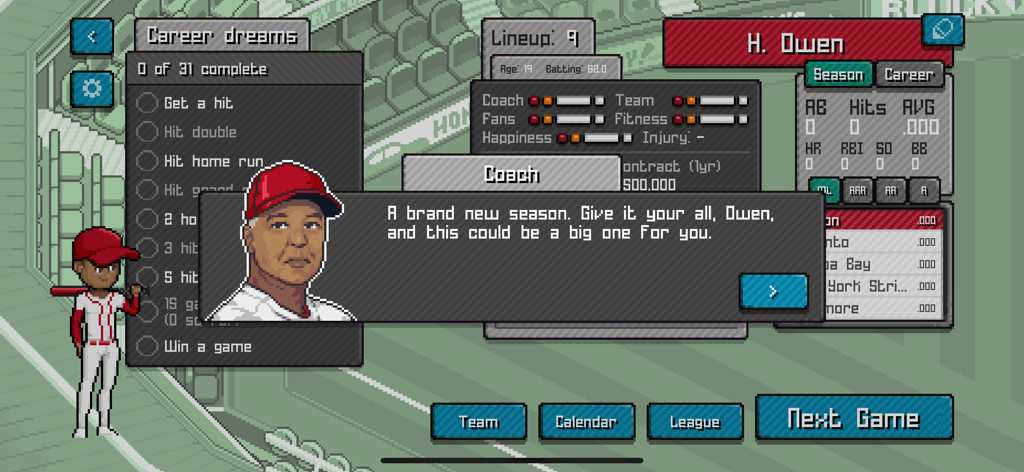 Pixel Pro Baseball career mode screen showing a coach dialog box and player career dreams checklist in retro pixel art style