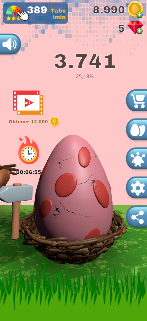 Crack Egg: Tap & Hatch Fun - A pink egg with red spots sits in a nest in the Crack Egg idle clicker game interface