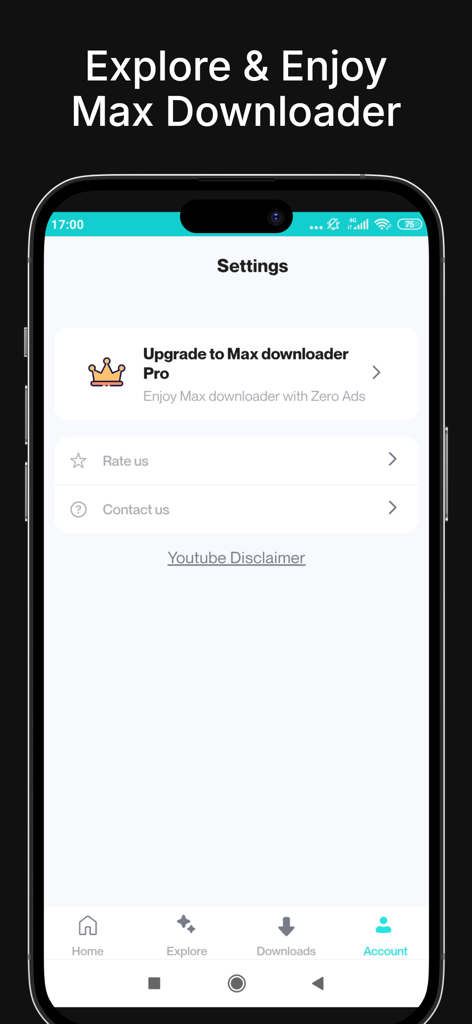 Maxbox - Maxbox app account settings screen showing pro upgrade option and support links.