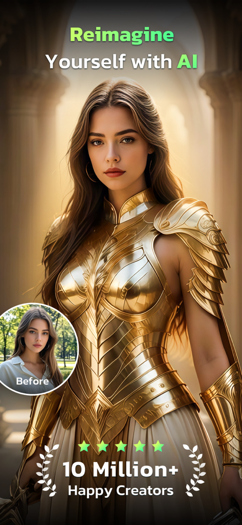 AI Photo Editor - AI Morph - A woman reimagined as a golden warrior using AI Morph photo editor filters