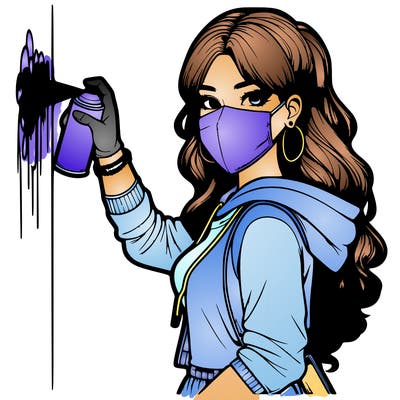 realistic girl with mask spray painting a wall