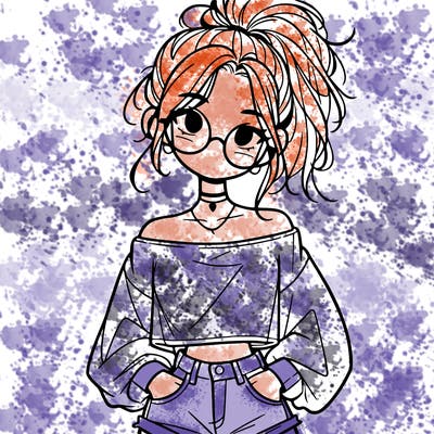 girl with a messy ponytail glasses a baggy crop top and jean shorts