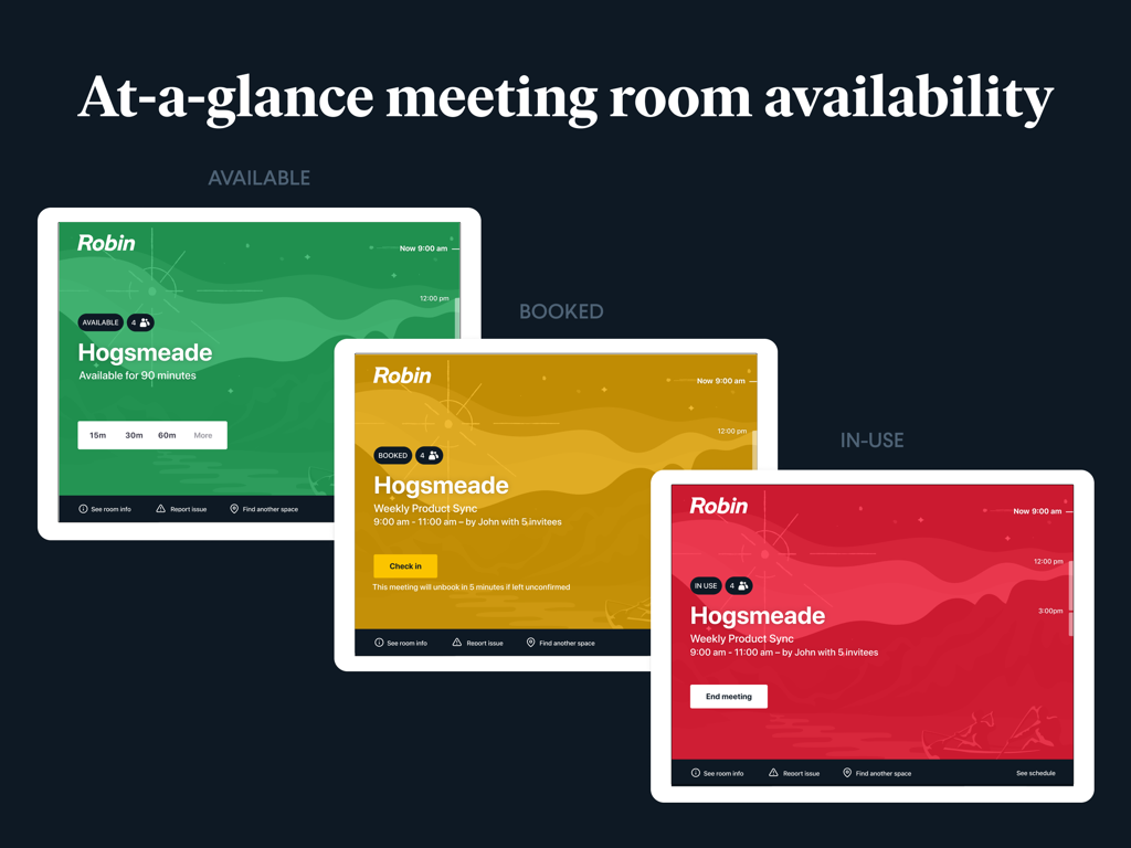 Three iPad screens displaying meeting room availability status in green yellow and red