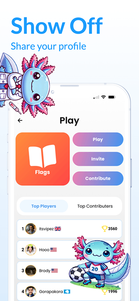 Quiz Arena - Trivia Questions - Quiz Arena mobile app interface displaying a trivia leaderboard and flags quiz category with axolotl mascots