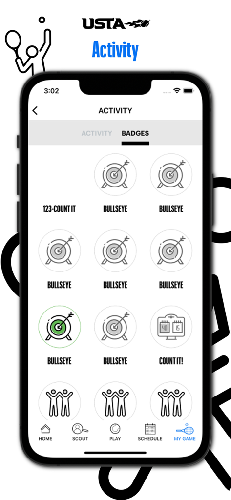 USTA Tennis - A screen in the USTA Tennis app showing player badges and achievement progress