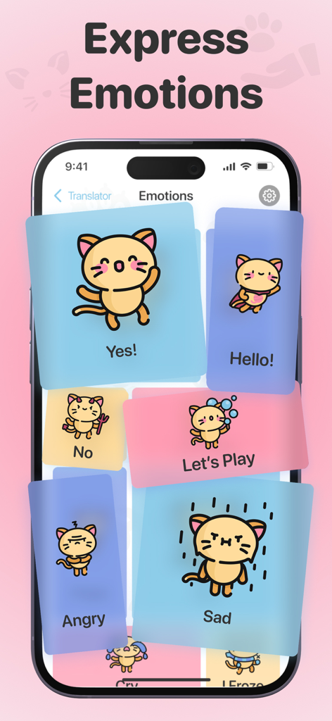 Cat Translator – Meow & Talk - Cat Translator app screen featuring various colorful cards with cute cat illustrations for emotions and phrases like Hello and Let's Play
