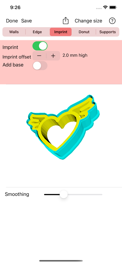 3D Cookie Cutter - Interface of the 3D Cookie Cutter app showing a winged heart model with imprint customization options