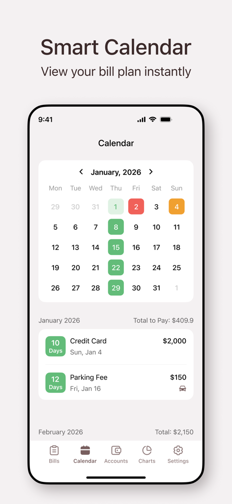 Bills Organizer App - Bills Organizer App interface showing a smart calendar with highlighted bill due dates and upcoming payment details
