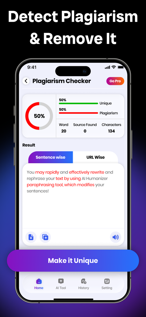 AI Humanizer - Text Rewriter - A mobile screen showing the plagiarism checker feature with a fifty percent uniqueness score and text analysis.