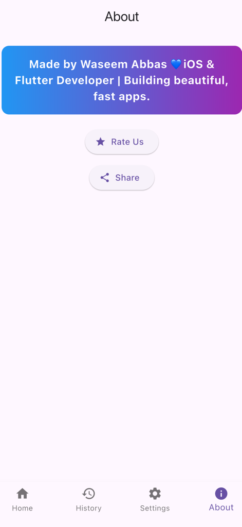 TempMate 온도 변환기 앱의 정보 화면. 개발자 정보와 앱 평가 및 공유 옵션이 포함되어 있습니다.