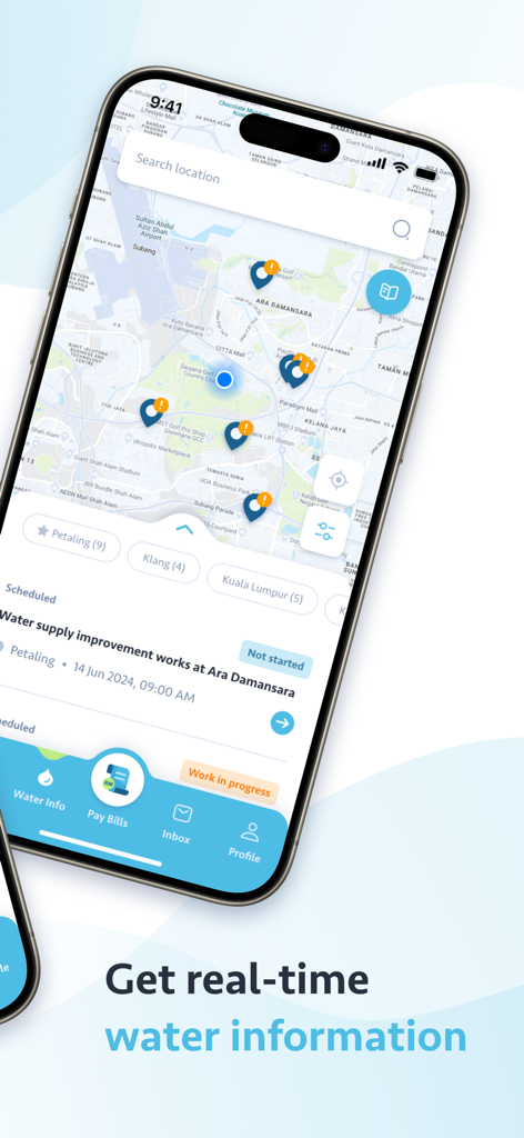 Air Selangor 2.0 - Interface do aplicativo Air Selangor exibindo alertas de serviço de água em tempo real e atualizações de manutenção em um mapa