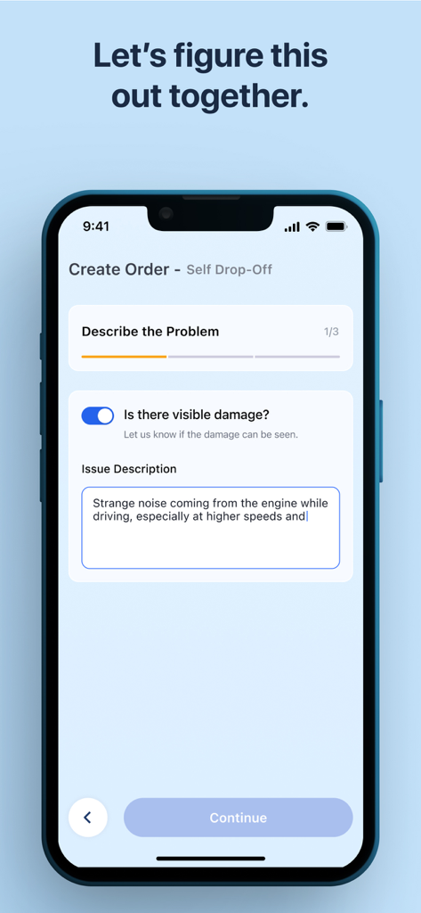 Caru.Ge - Smartphone screen showing the Caru app interface for describing a car problem during repair order creation.