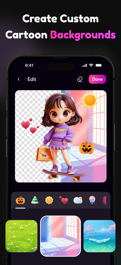 AI cartoon editor interface showing how to customize backgrounds and add stickers to a 3D avatar