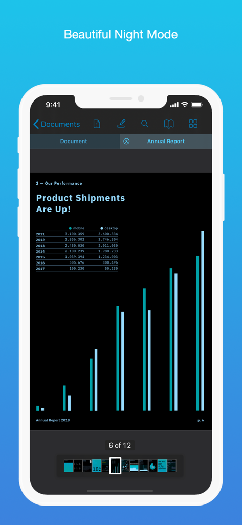 PDF Viewer by Nutrient - PDF Viewer app showing a document in night mode on an iPhone