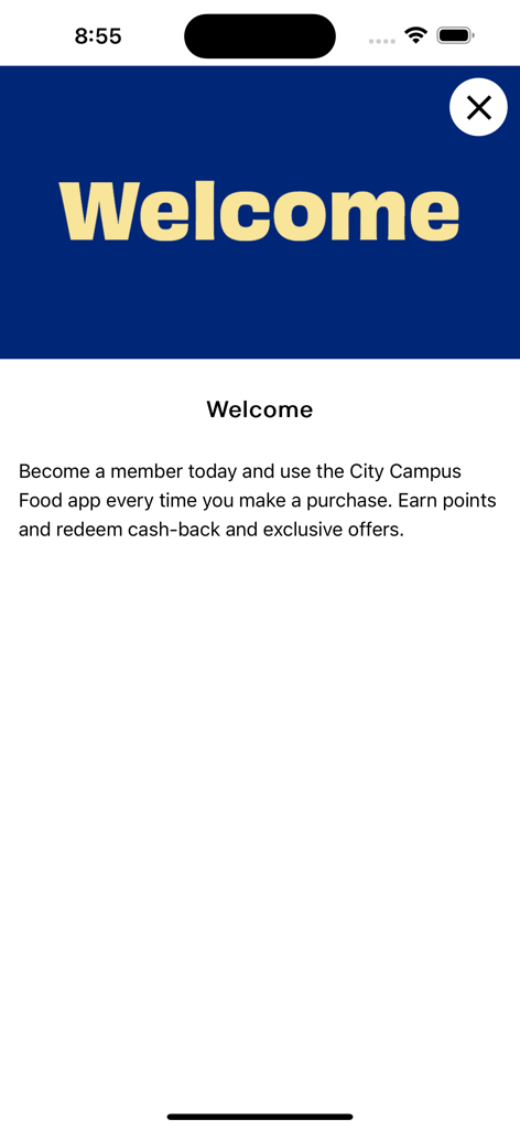 City Campus Food - Pantalla de bienvenida de la aplicación City Campus Food destacando los beneficios de la membresía y las recompensas.