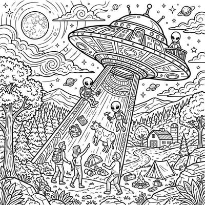 Dive into a thrilling sci-fi adventure with this captivating UFO Abduction Full Scene coloring page. Witness aliens beaming up campers and a cow against a dramatic landscape, ready for your creative touch.