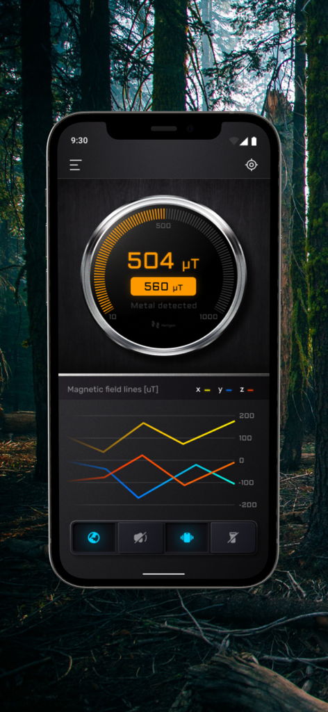 Smart Metal Detector - Interfaz de la aplicación Detector de Metales Inteligente con un medidor de magnetómetro digital y gráficos de línea de campo magnético en tiempo real.