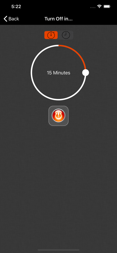 Off Remote Pro - Interfaz de la aplicación Off Remote Pro que muestra un temporizador de apagado de 15 minutos con un botón de encendido