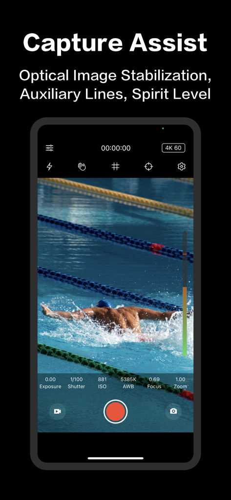 Deep Movie app interface displaying professional capture assist features including image stabilization and a spirit level while filming a swimmer.