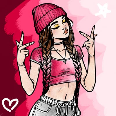 realistic teenage girl with braids and a beanie and crop top doing 🫶🏼